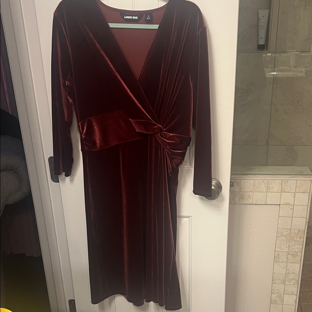 Lands' End Women's Long Sleeve Velvet Dress - Deep Red